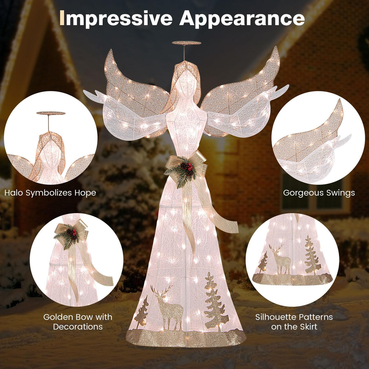 Tangkula 5 FT Lighted Christmas Angel, Outdoor Pre - lit 3D Glittered Angel with 100 Warm White Lights