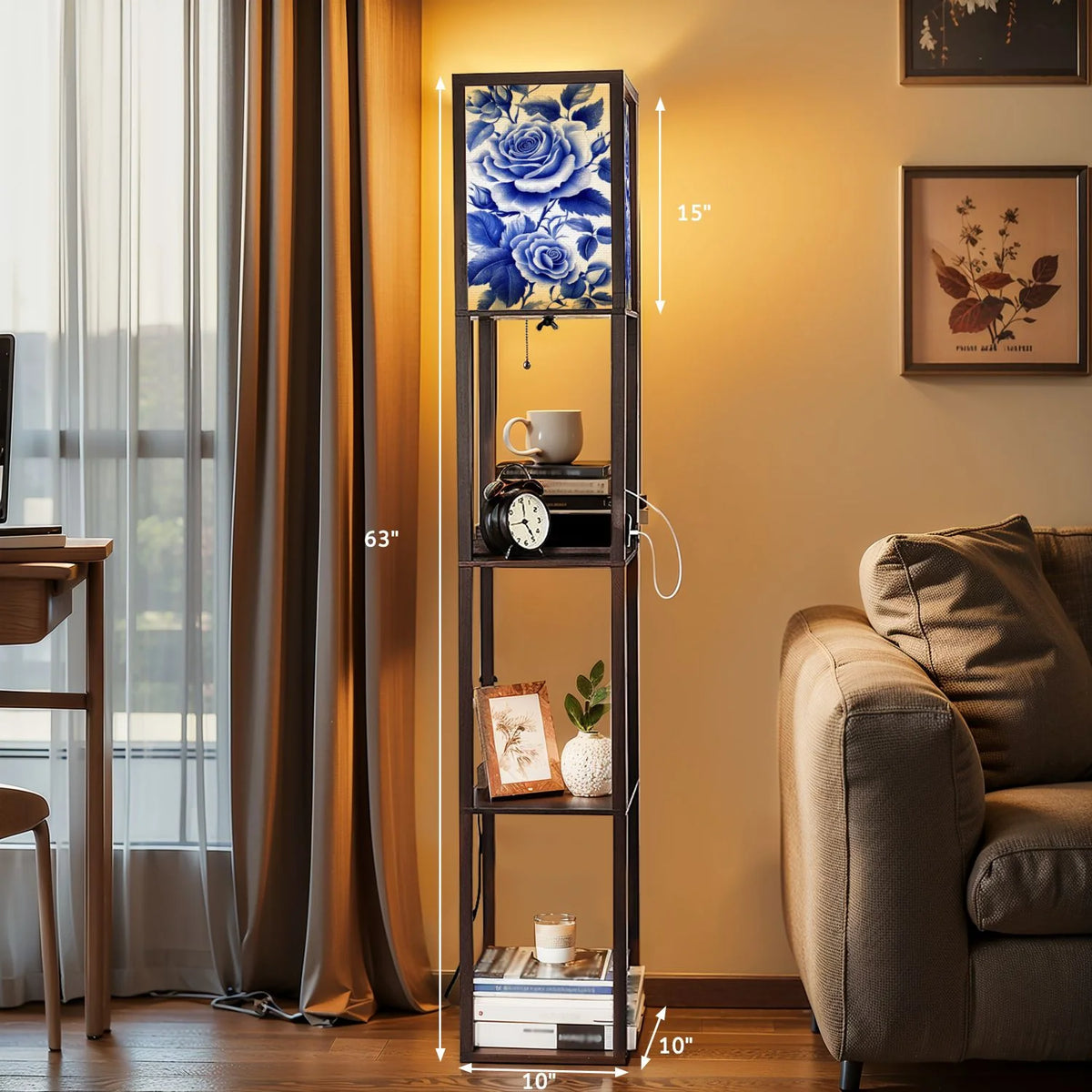 Floor Lamp with Shelves, Modern Dimmable Standing Lamp Floral Corner Display Bookshelf Lamp with 2 USB & 1 Power Outlet for Living Room & Bedroom