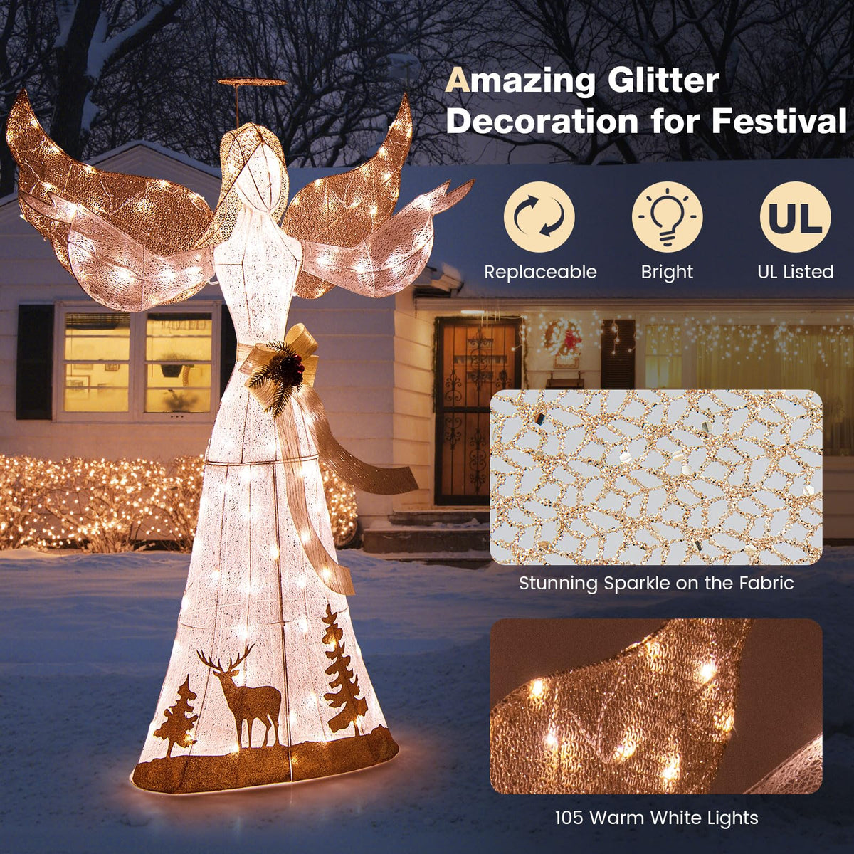Tangkula 5 FT Lighted Christmas Angel, Outdoor Pre - lit 3D Glittered Angel with 100 Warm White Lights