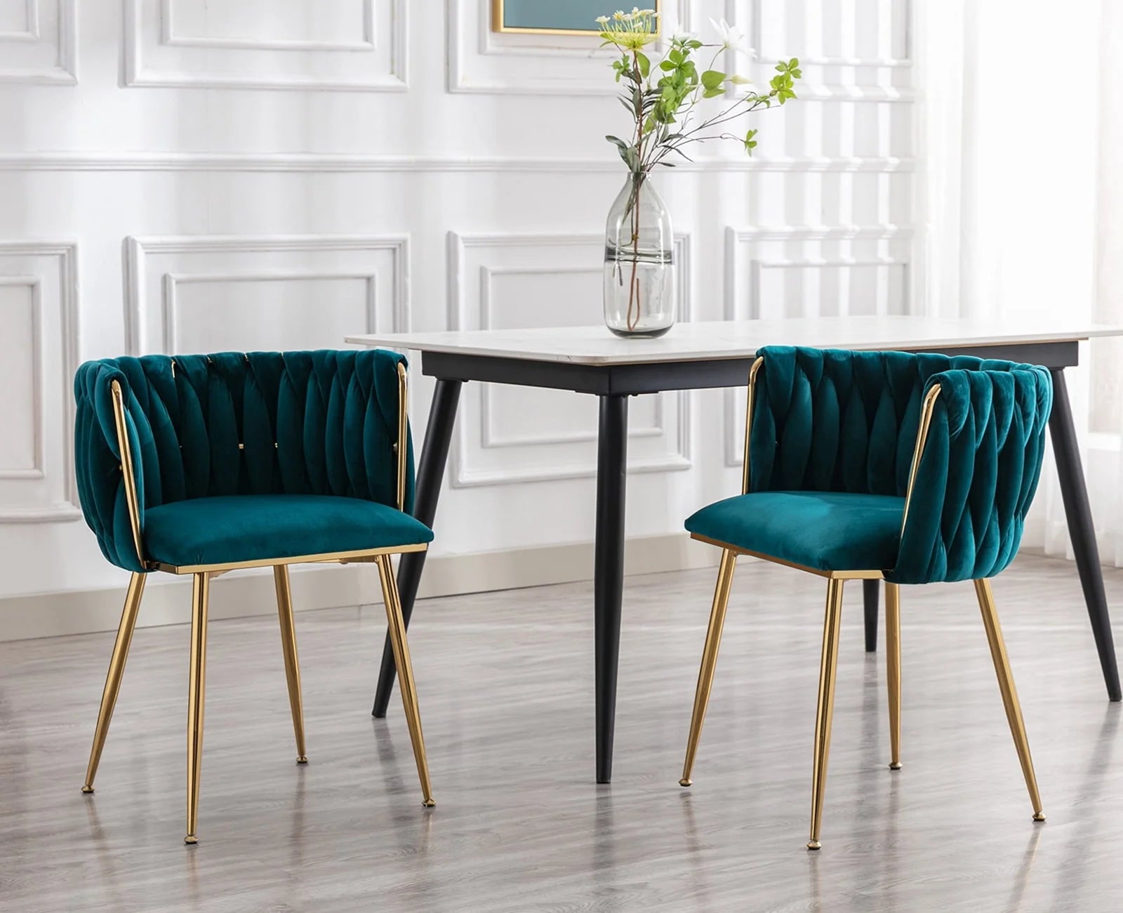 Guyou Velvet Dining Chair Set of 2, Modern Upholstered Accent Side Chair with Woven Back and Metal Legs, Vanity Chair Kitchen Chair for Living Room Dining Room Bedroom, Teal Green