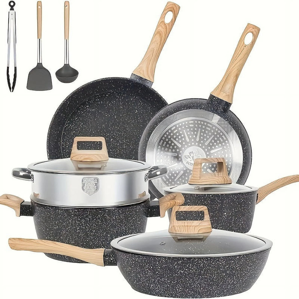 Non - Stick 12 POTS and Pans Set, Cookware Set, Including Frying Pan, Steamer, Silicone Spatula and Tongs - Granite Cooking Set (Black)
