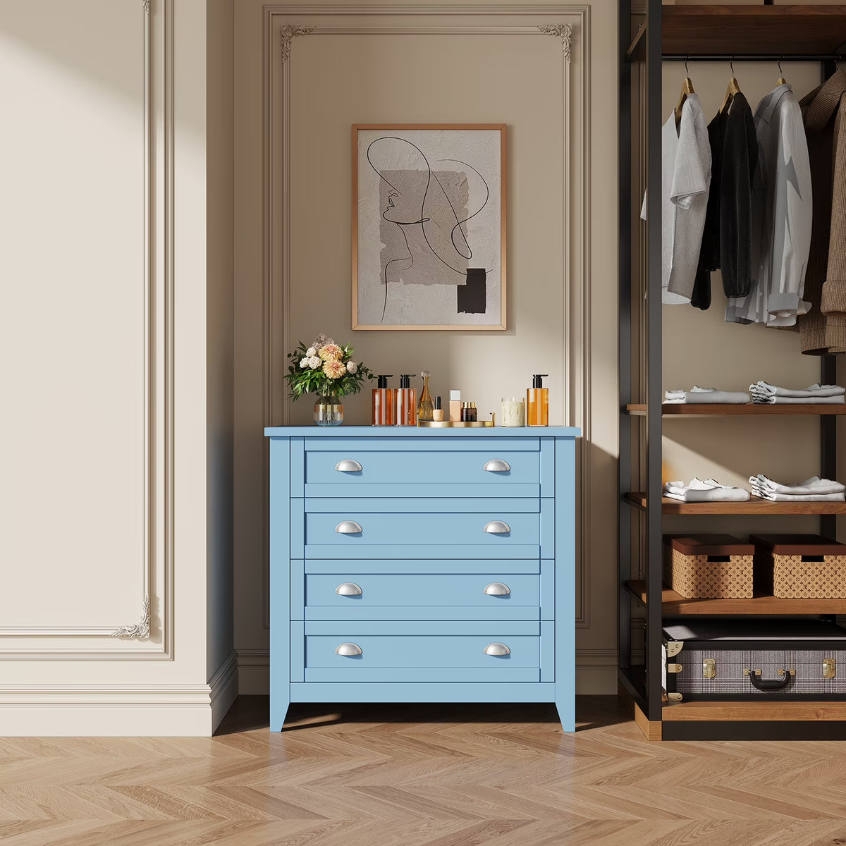 6 Drawer Dresser, Light Blue Elegant Chest of Drawers, Large Cabinet with Storage, Rustic Wood Chest of Drawers for Bedroom, Living Room, Hallway
