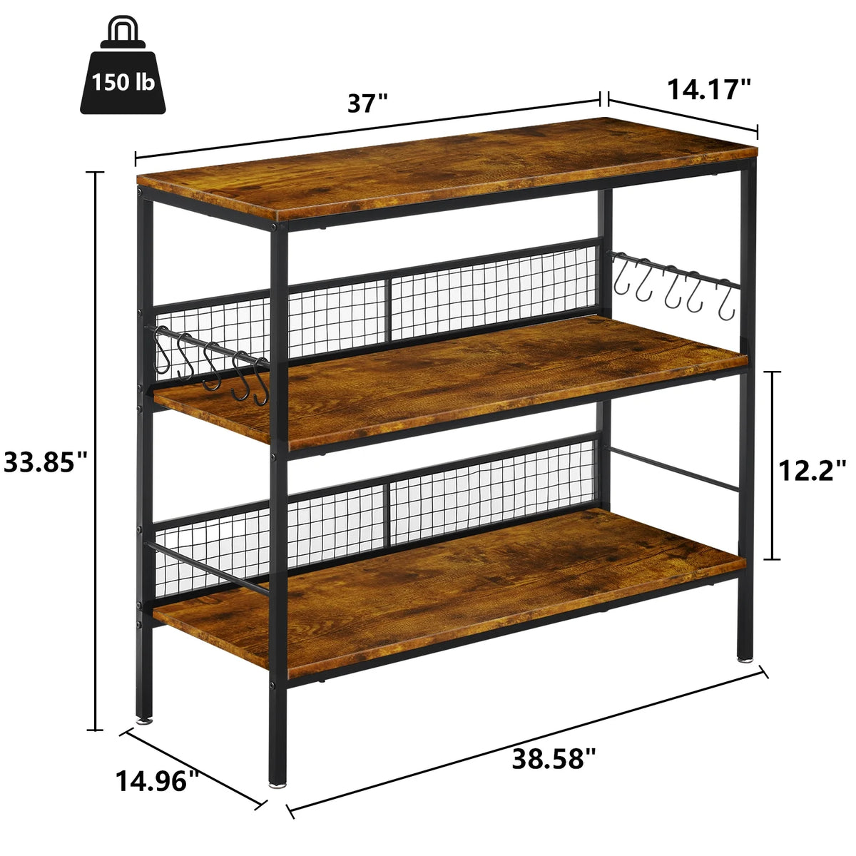 Behost 3-Tier Rolling Cart Microwave Stand with 10 Hooks, Coffee Bar Kitchen Storage Rack Organizer, Rustic Brown