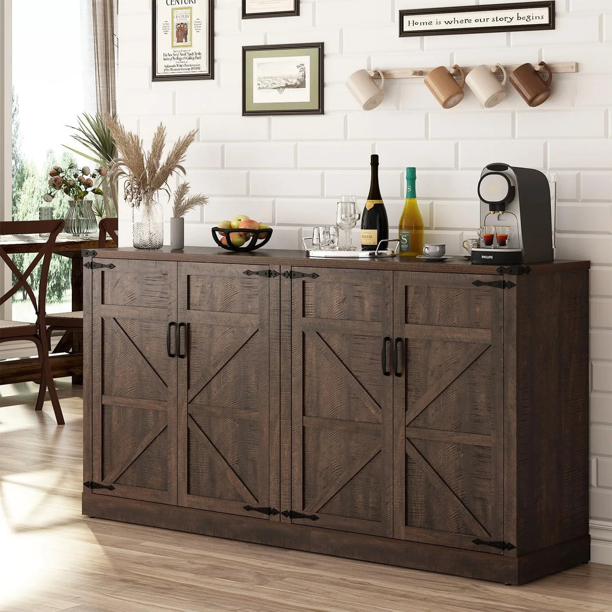 71" Tall Farmhouse Kitchen Pantry Cabinet, 5 Layers Storage Cabinet with Adjustable Shelves, Farmhouse Pantry Cabinet with 4 Barn Doors