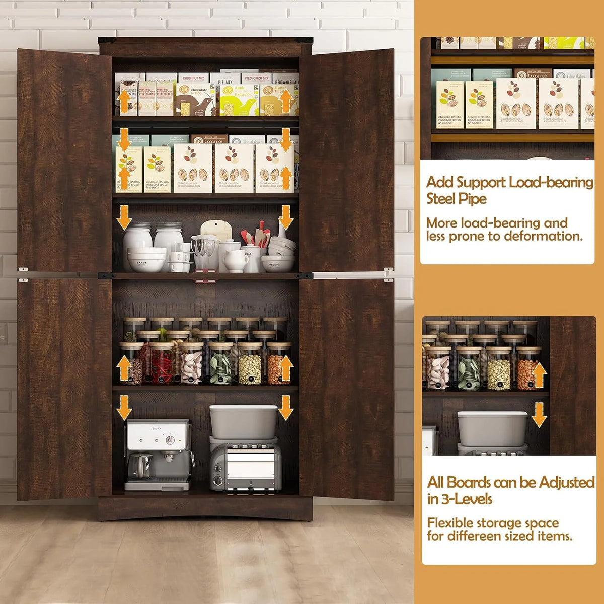 71" Tall Farmhouse Kitchen Pantry Cabinet, 5 Layers Storage Cabinet with Adjustable Shelves, Farmhouse Pantry Cabinet with 4 Barn Doors