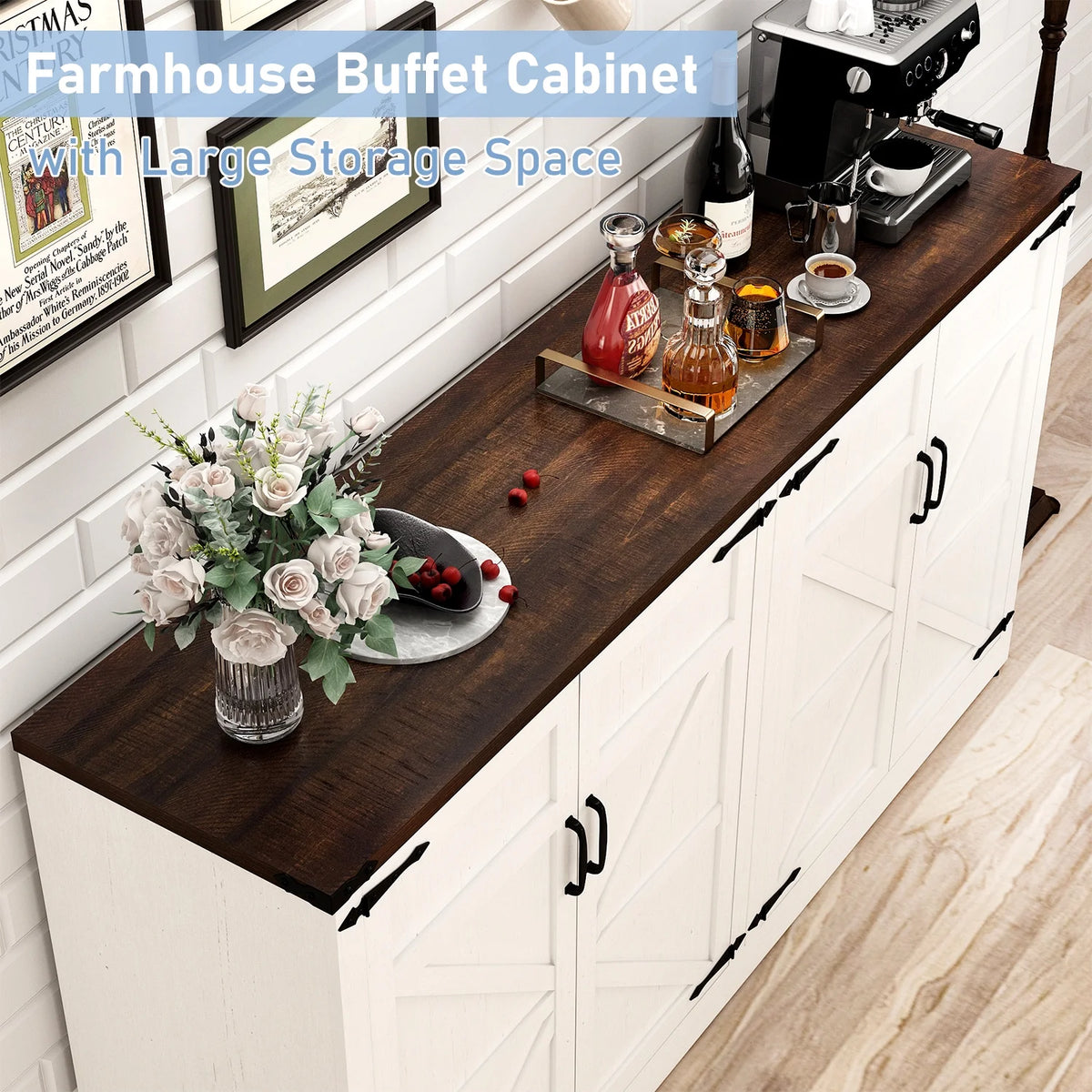 71" Tall Farmhouse Kitchen Pantry Cabinet, 5 Layers Storage Cabinet with Adjustable Shelves, Farmhouse Pantry Cabinet with 4 Barn Doors
