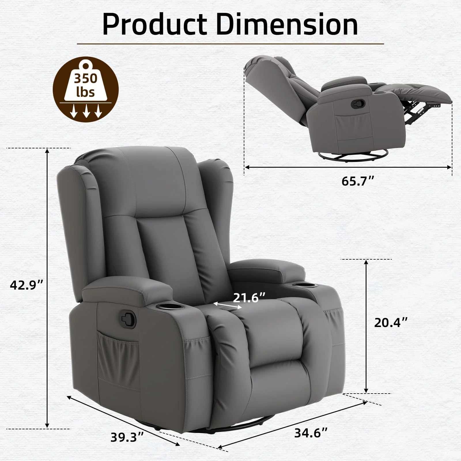 AECOJOY Recliner Chair with Massage and Heat, 360° Swivel Rocking, Grey