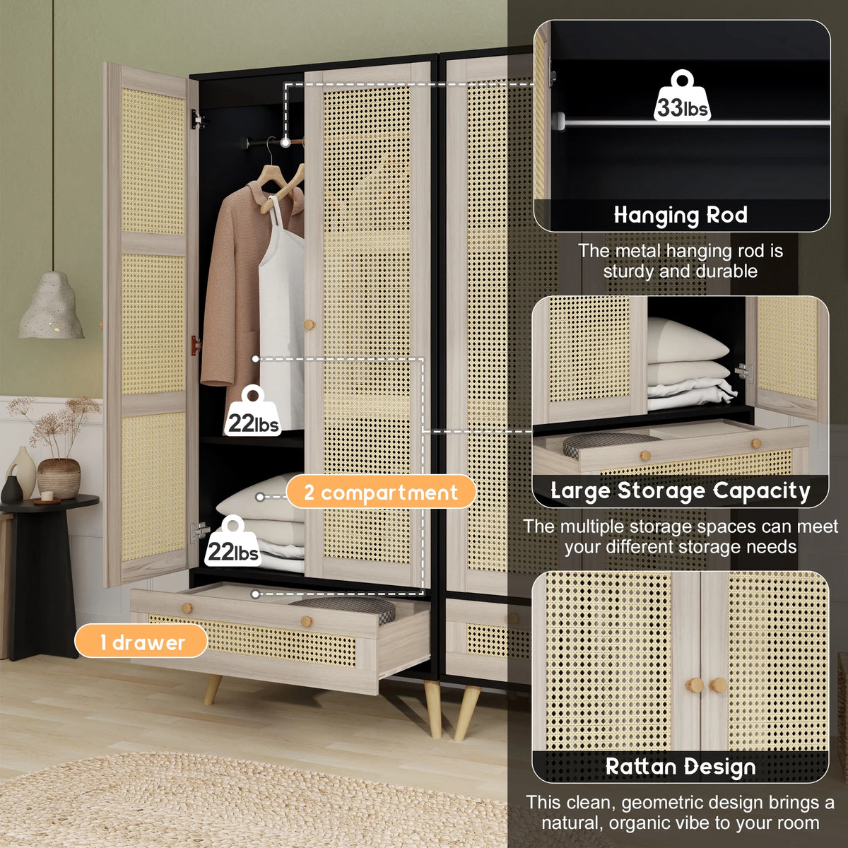 GOMYHOME Accent Cabinet with Rattan Doors & Drawer, Modern Storage Armoire for Living Room, Bedroom, Natural Wood Finish