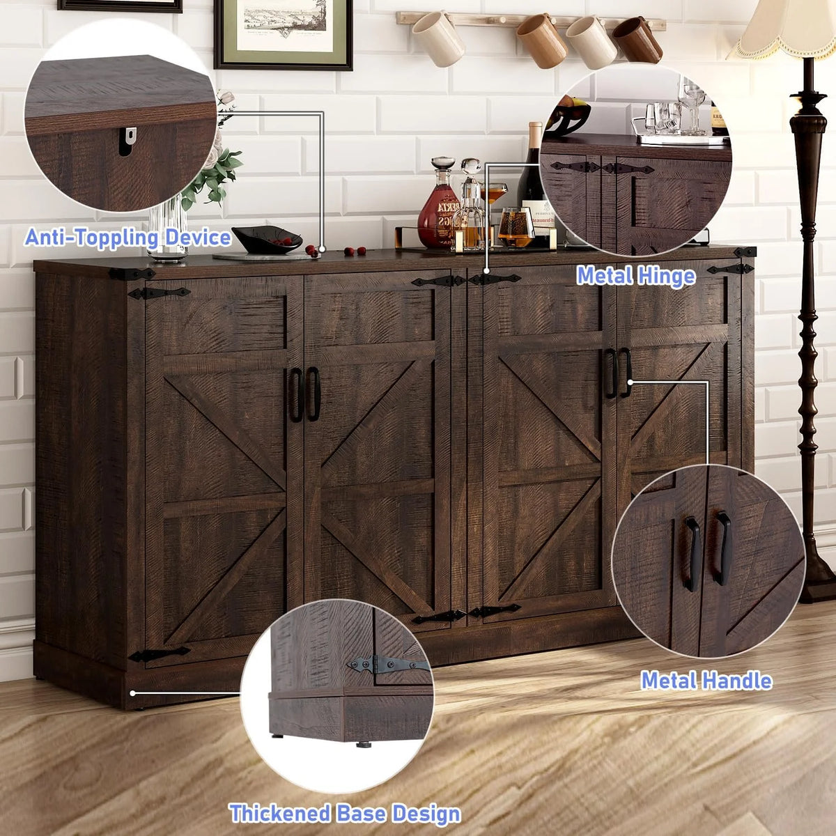 71" Tall Farmhouse Kitchen Pantry Cabinet, 5 Layers Storage Cabinet with Adjustable Shelves, Farmhouse Pantry Cabinet with 4 Barn Doors