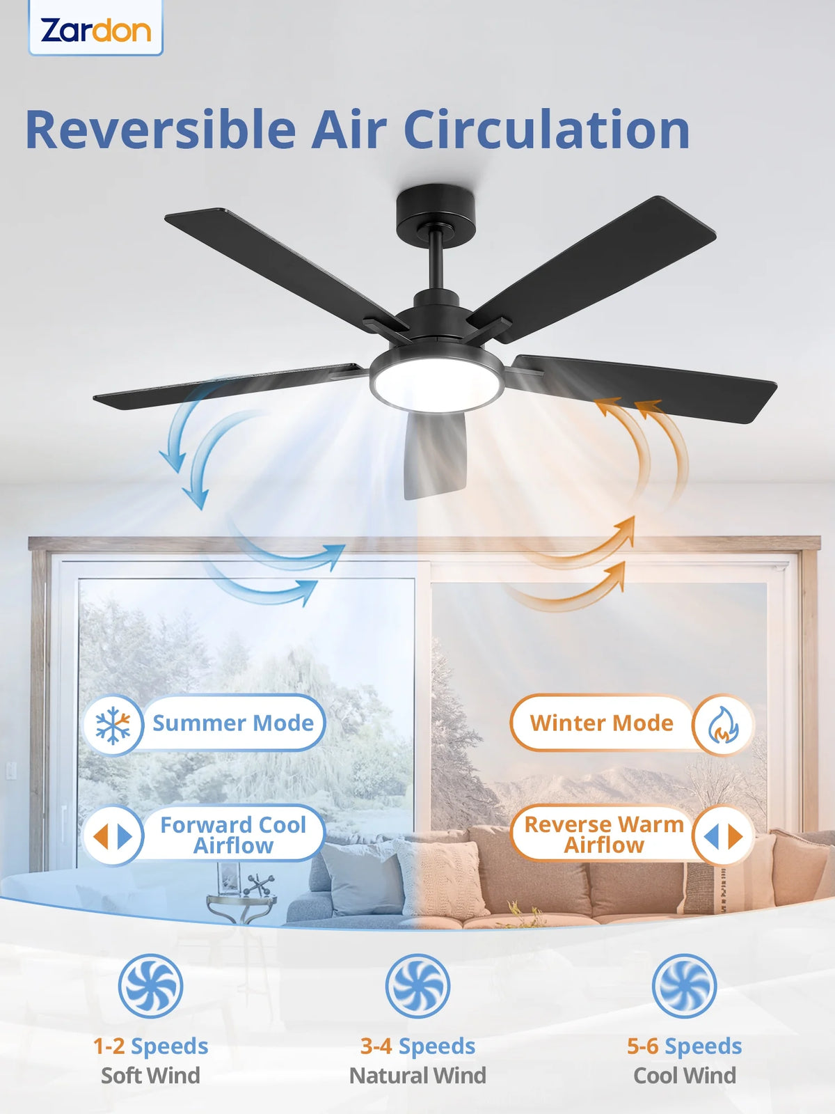 Zardon 52 in Black Ceiling Fan with LED Light and Remote, Downrod 6-Speed and Quiet Reversible DC Motor for Bedroom, Living Room, Indoor