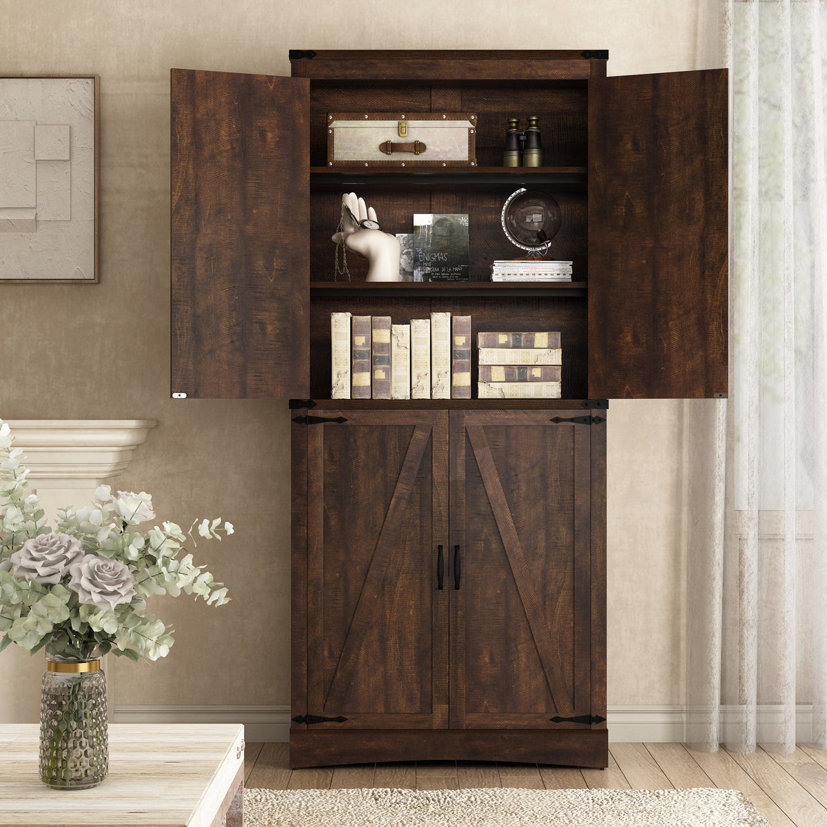 71" Tall Farmhouse Kitchen Pantry Cabinet, 5 Layers Storage Cabinet with Adjustable Shelves, Farmhouse Pantry Cabinet with 4 Barn Doors