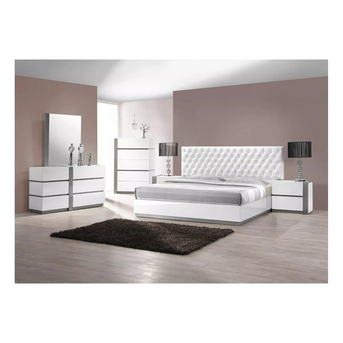 3 Piece Modern Bedroom Furniture Set, California King Platform Bed with 2x Nightstand, White Lacquer Finish
