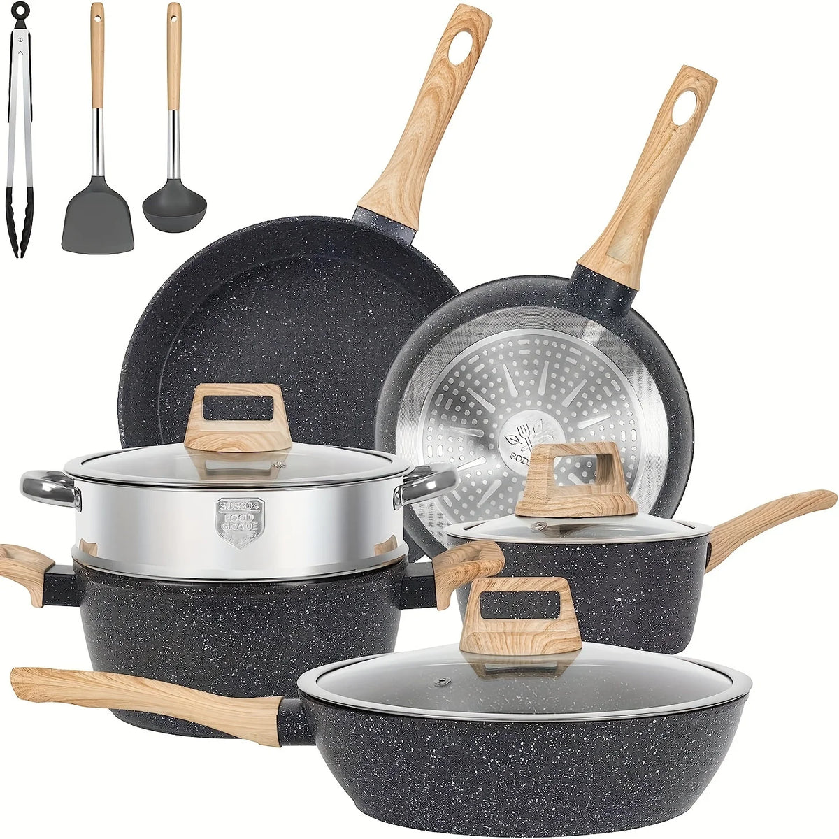 Non - Stick 12 POTS and Pans Set, Cookware Set, Including Frying Pan, Steamer, Silicone Spatula and Tongs - Granite Cooking Set (Black)