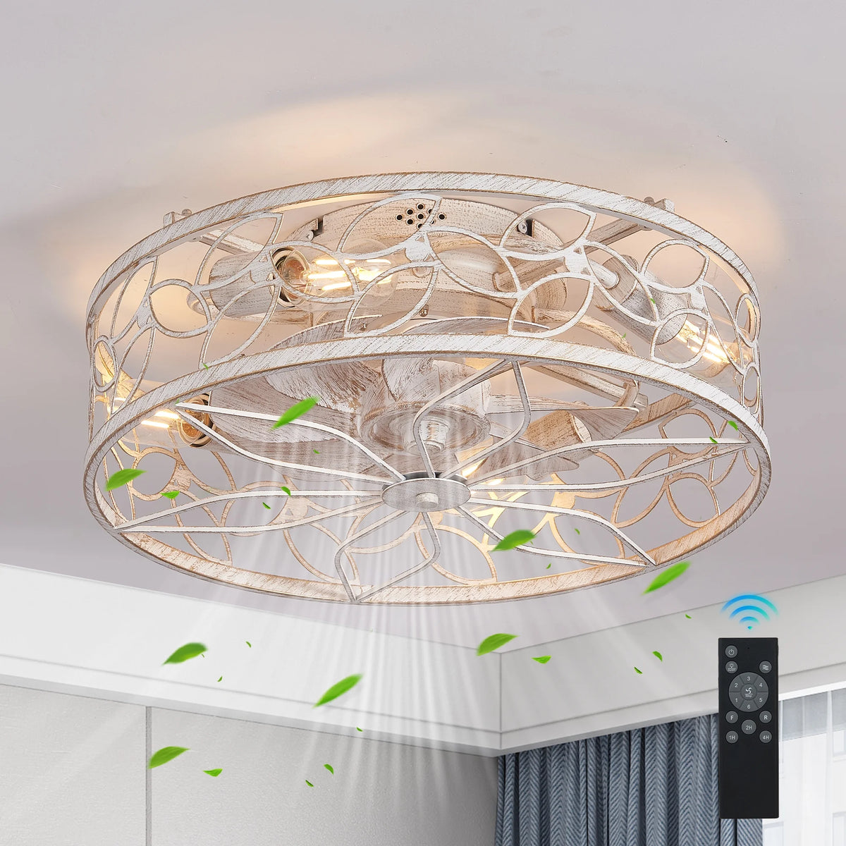 QHTX 18 - Inch White Vintage Caged Ceiling Fan with Remote Control