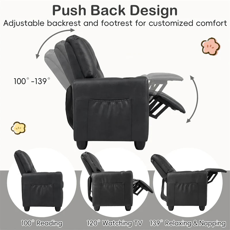 2-Seater Kids Recliner, PU Leather Reclining Loveseat with Cup Holders & 2 Side Storage Pockets, Adjustable Double Toddler Sofa for Boys Girls