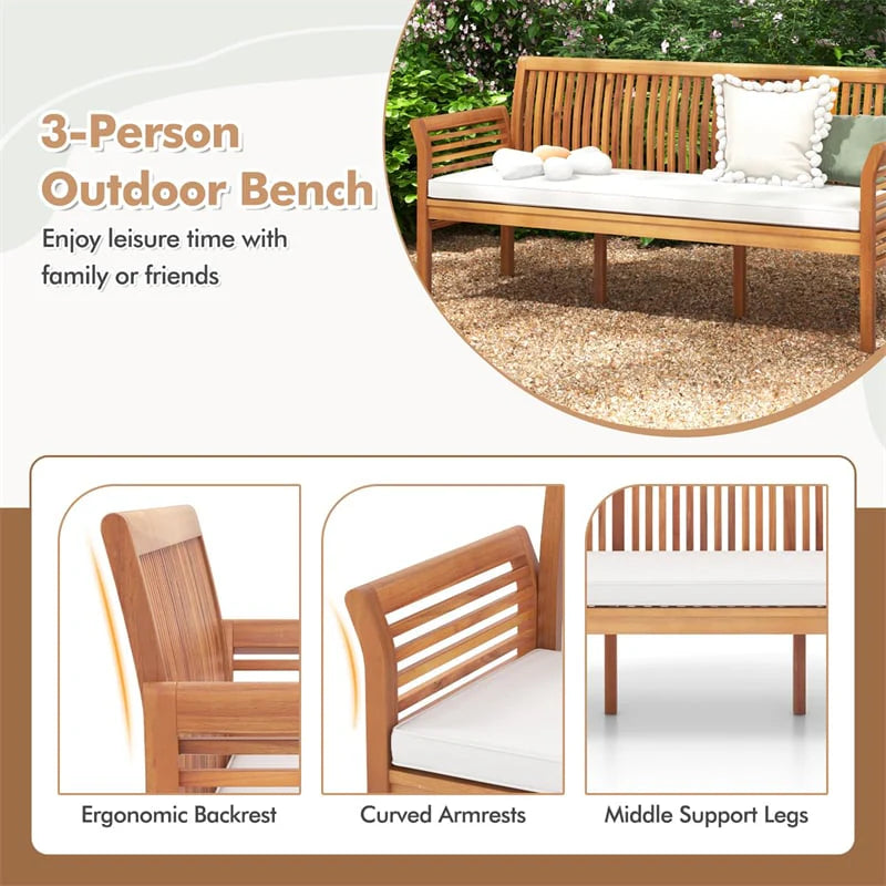 62.5" Outdoor Acacia Wood Bench with Removable Cushion, 3-Person Patio Garden Bench with High Backrest & Armrests, 1200 LBS Capacity for Yard Porch