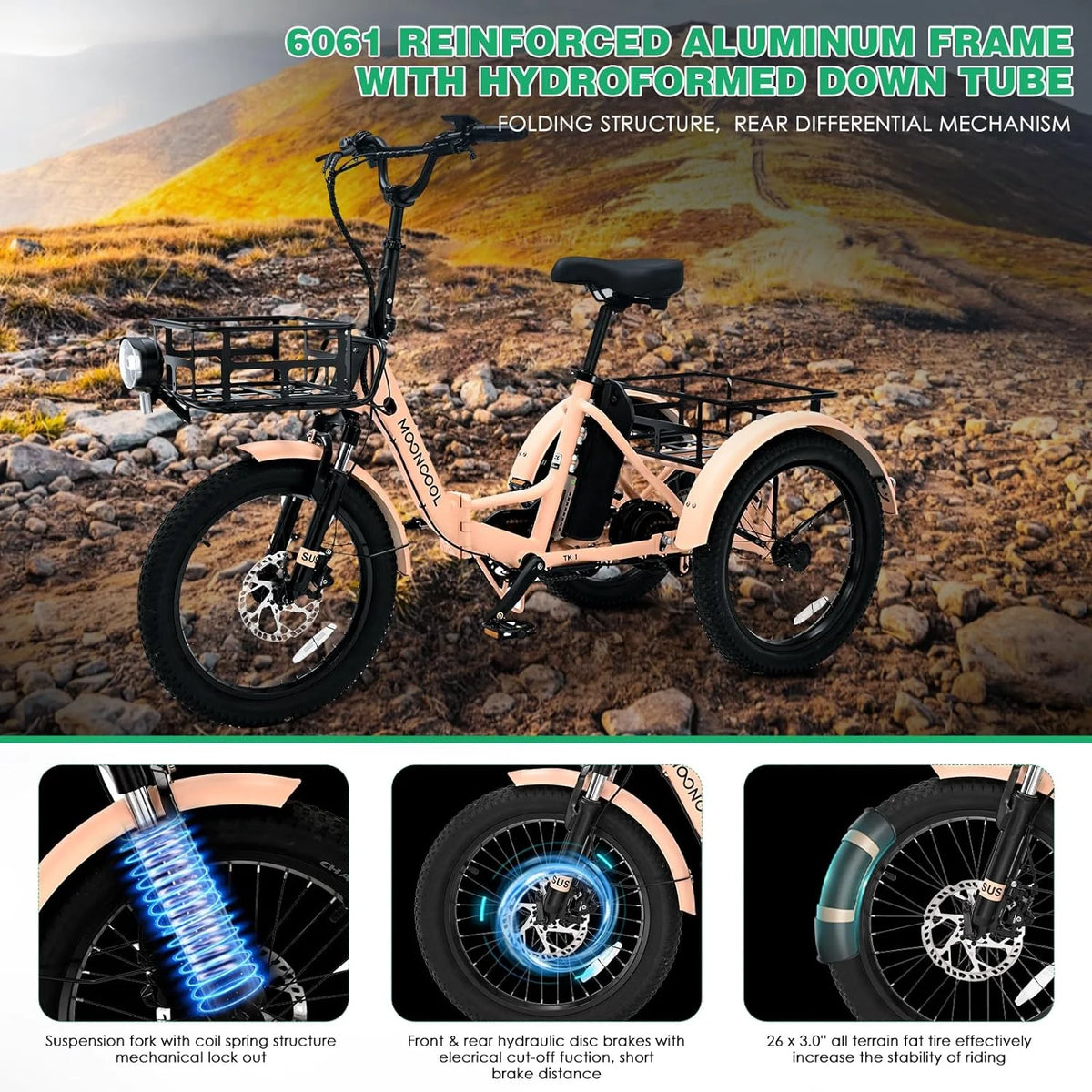 ABORON 3.0 Fat Tire Electric Trike for Senior Foldable E - Bike, 500W Motorized Tricycle Adult 20" Folding 3 Wheel Electric Commute Bike Trike W/48V