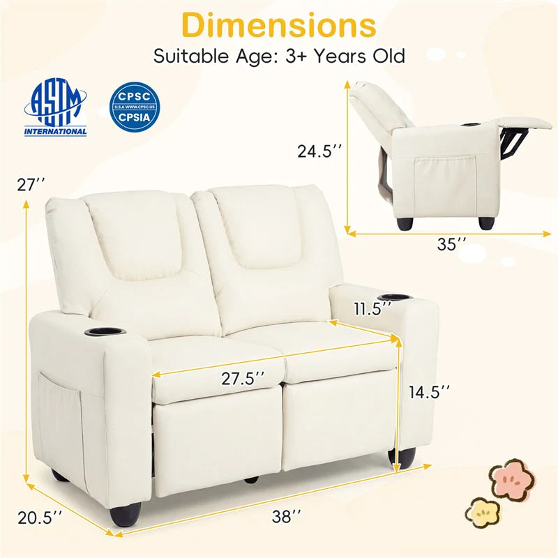 2-Seater Kids Recliner, PU Leather Reclining Loveseat with Cup Holders & 2 Side Storage Pockets, Adjustable Double Toddler Sofa for Boys Girls