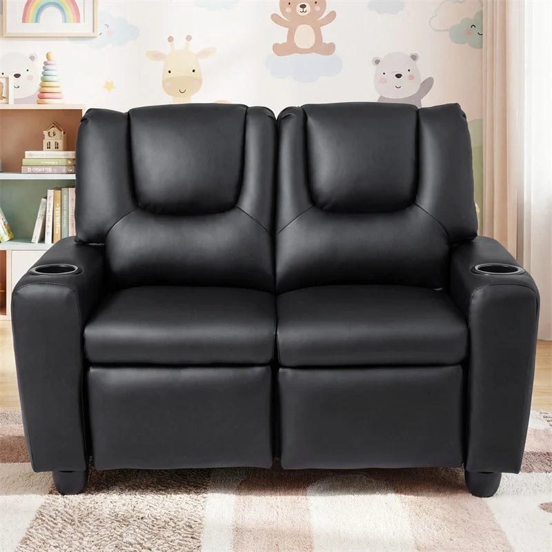 2-Seater Kids Recliner, PU Leather Reclining Loveseat with Cup Holders & 2 Side Storage Pockets, Adjustable Double Toddler Sofa for Boys Girls