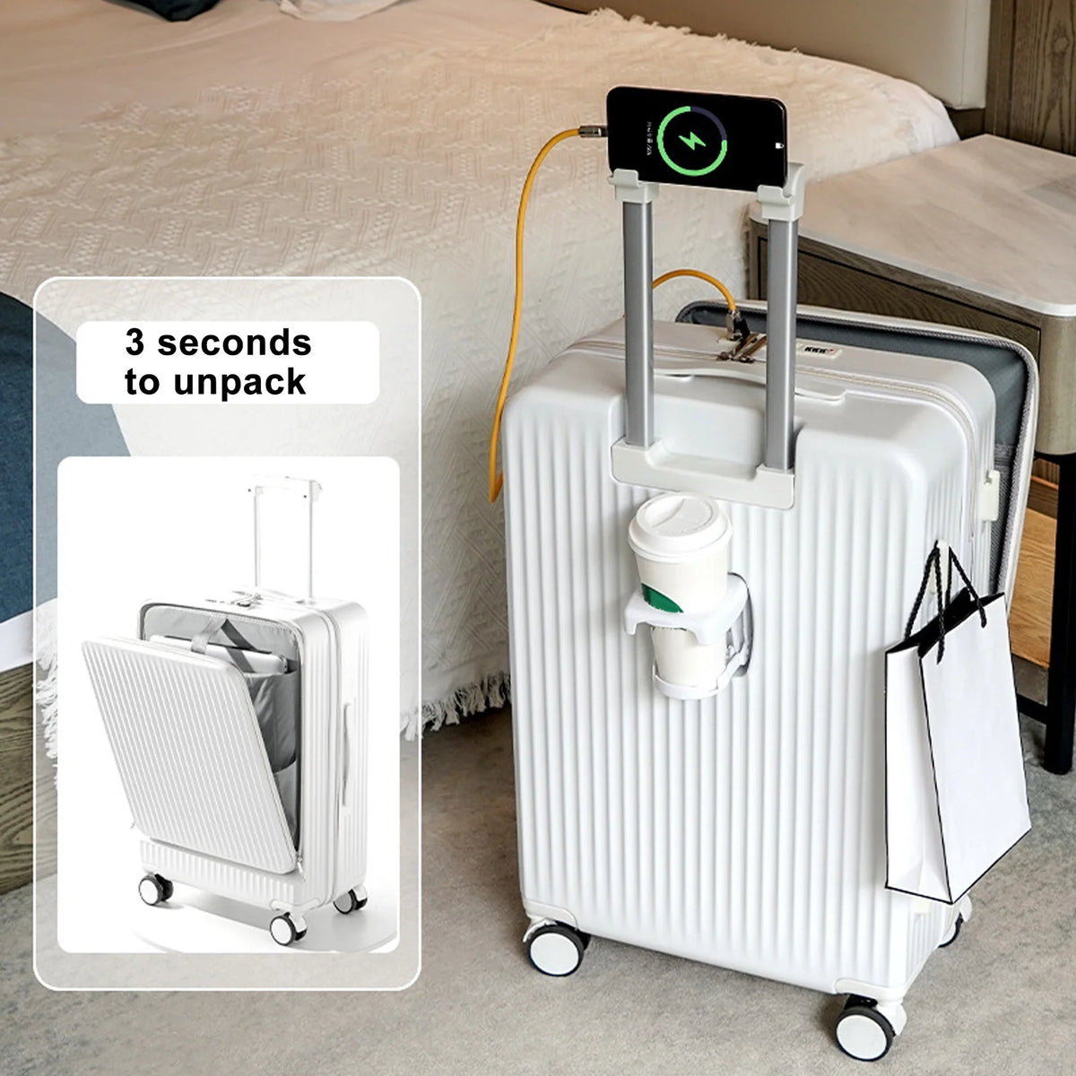24 in Checked Luggage with Front Pocket, USB Charging Port, Built - in Lock Carry on Suitcase, Cup Holder and Phone Holder, Medium Hardside Suitcase