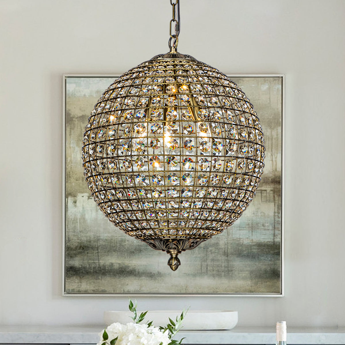 1-Light 12" Retro Antique Gold Crystal Globe Chandelier Small Sphere Pendant Light