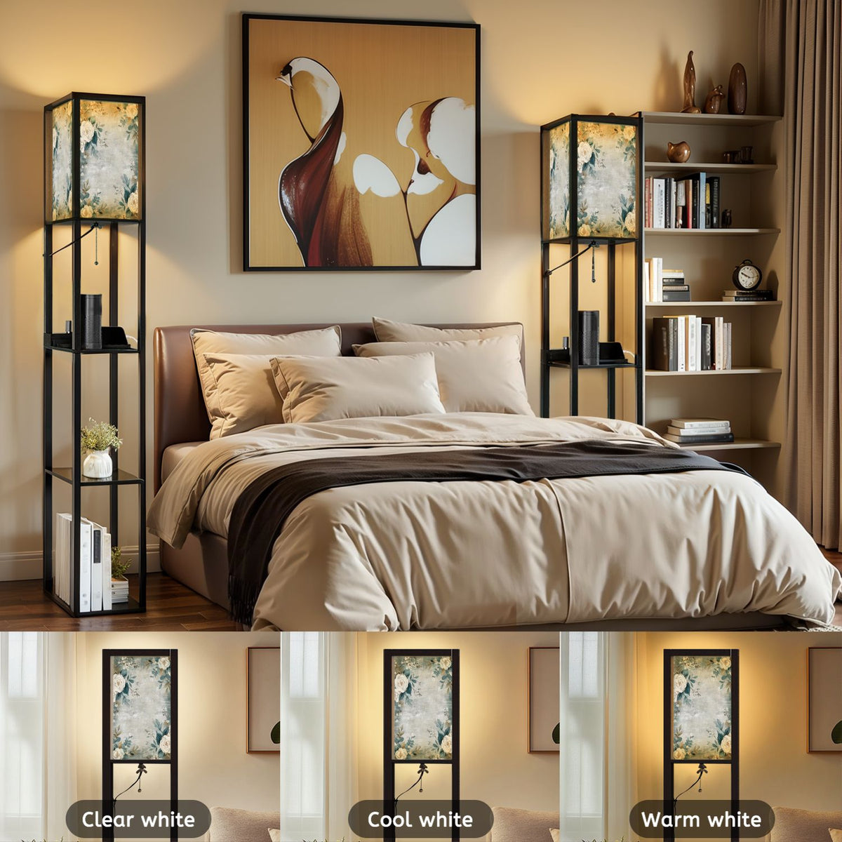 Floor Lamp with Shelves, Modern Dimmable Standing Lamp Floral Corner Display Bookshelf Lamp with 2 USB & 1 Power Outlet for Living Room & Bedroom