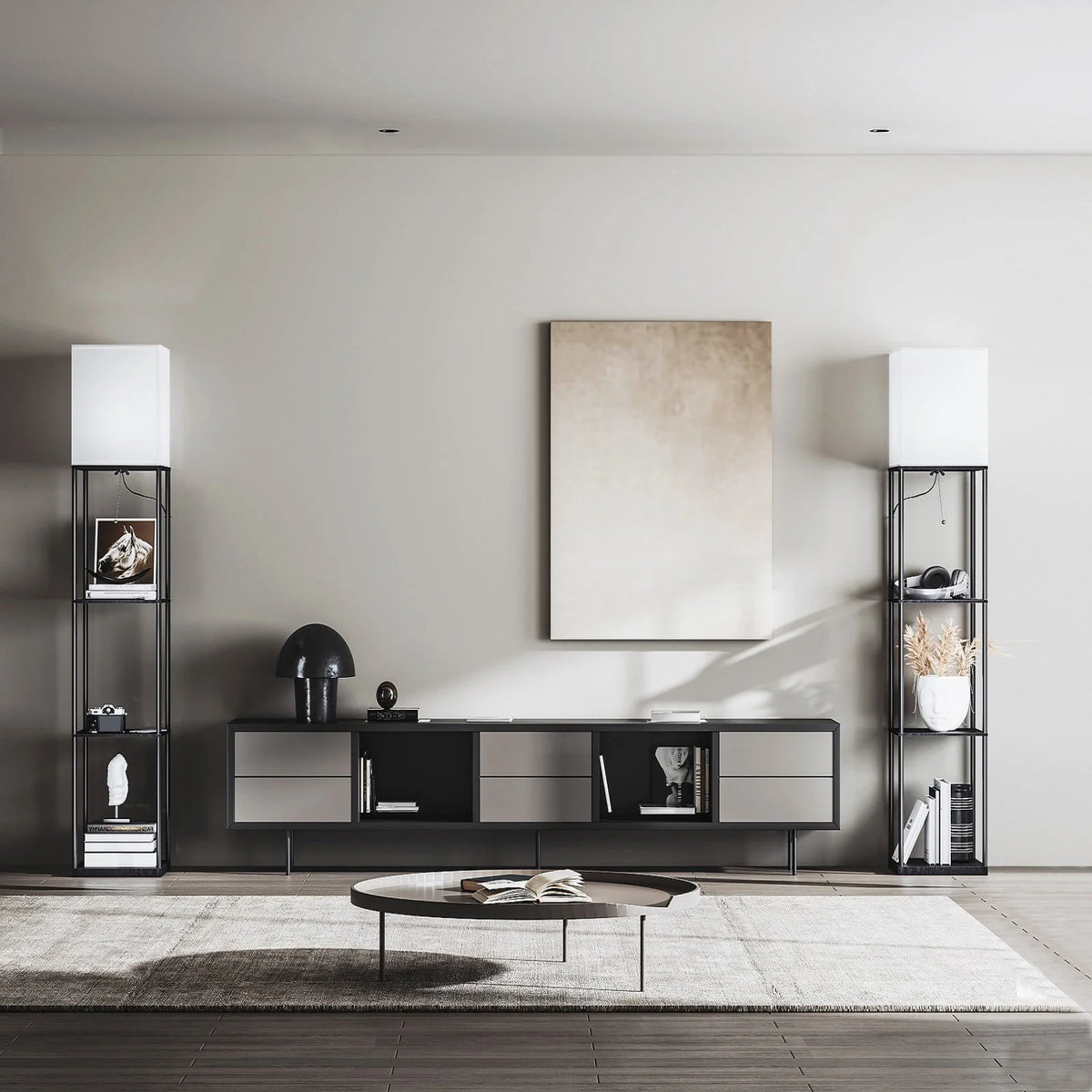 Modern Iron Shelf Floor Lamp with 3 Way Dimmable LED Bulb, Shelves and White Shade for Living Room and Bedroom(Black)