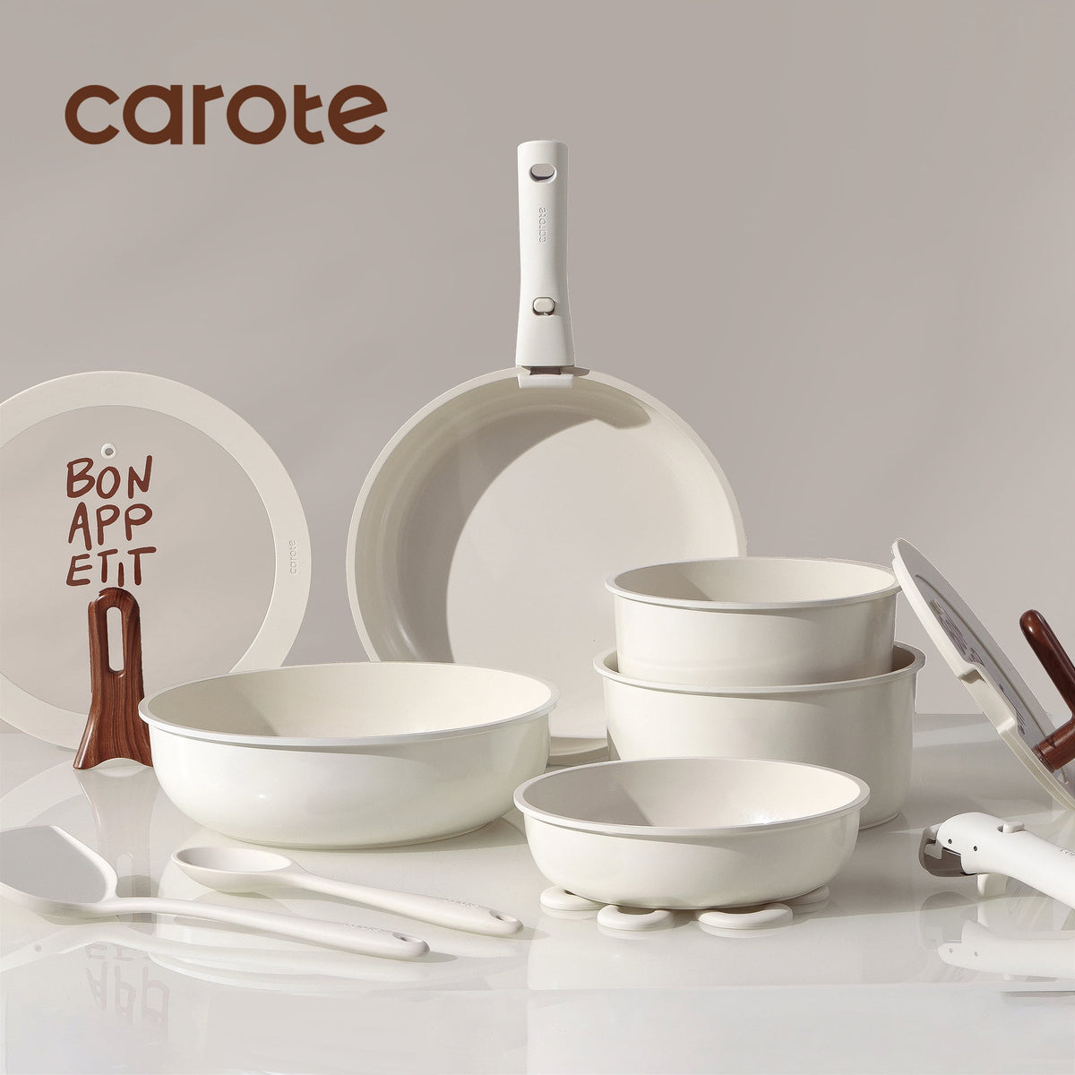 Carote 18 Pcs Ceramic Nonstick Cookware Set, Pots and Pans Set with Detachable Handles, Oven/Dishwasher Safe, Stackable Kitchen Cooking Set, White