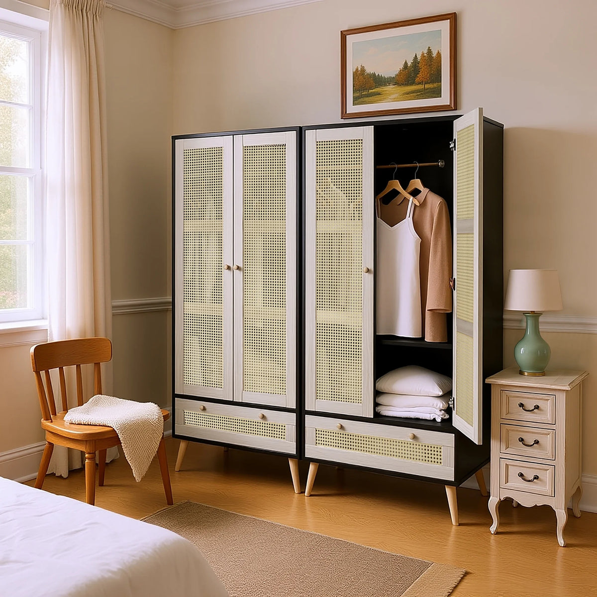 GOMYHOME Accent Cabinet with Rattan Doors & Drawer, Modern Storage Armoire for Living Room, Bedroom, Natural Wood Finish
