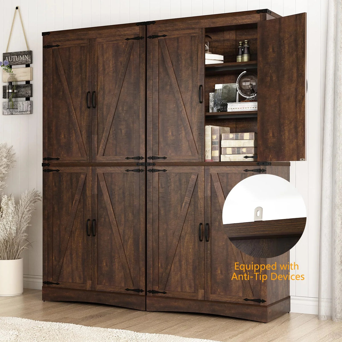 71" Tall Farmhouse Kitchen Pantry Cabinet, 5 Layers Storage Cabinet with Adjustable Shelves, Farmhouse Pantry Cabinet with 4 Barn Doors