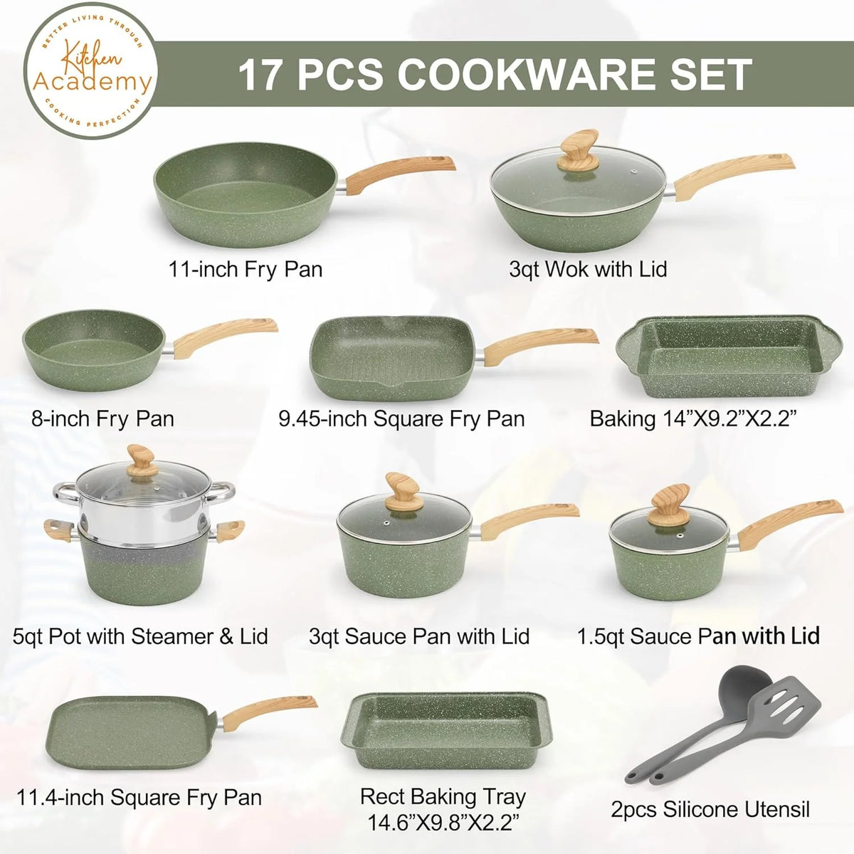 Kitchen Academy 17 Pieces Induction Cookware Set with Griddle, Green Granite Pots and Pans Set Non Stick, Healthy Nonstick Cooking Pans Set