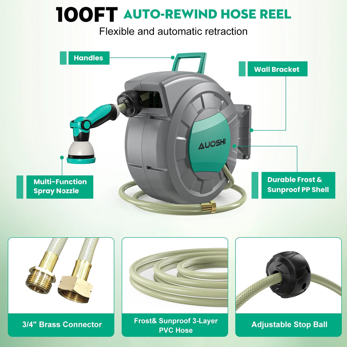 AUOSHI Retractable Garden Hose Reel 1/2" 100ft Automatic Hose Reel with 10 Function Sprayer Nozzle Wall Mount 180 Deg Swivel Bracket Hose Reel