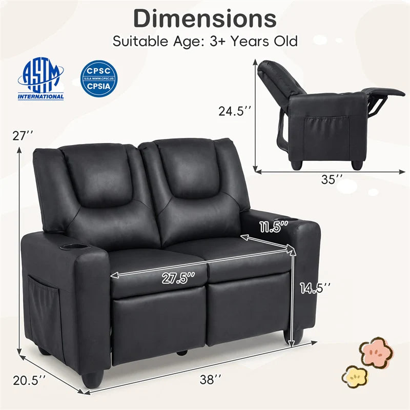 2-Seater Kids Recliner, PU Leather Reclining Loveseat with Cup Holders & 2 Side Storage Pockets, Adjustable Double Toddler Sofa for Boys Girls