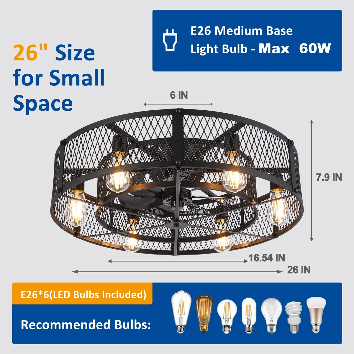 26 - Inch Farmhouse Caged Ceiling Fan with Light, Remote & APP Control Quiet DC Motor E26 Bulbs Included Black