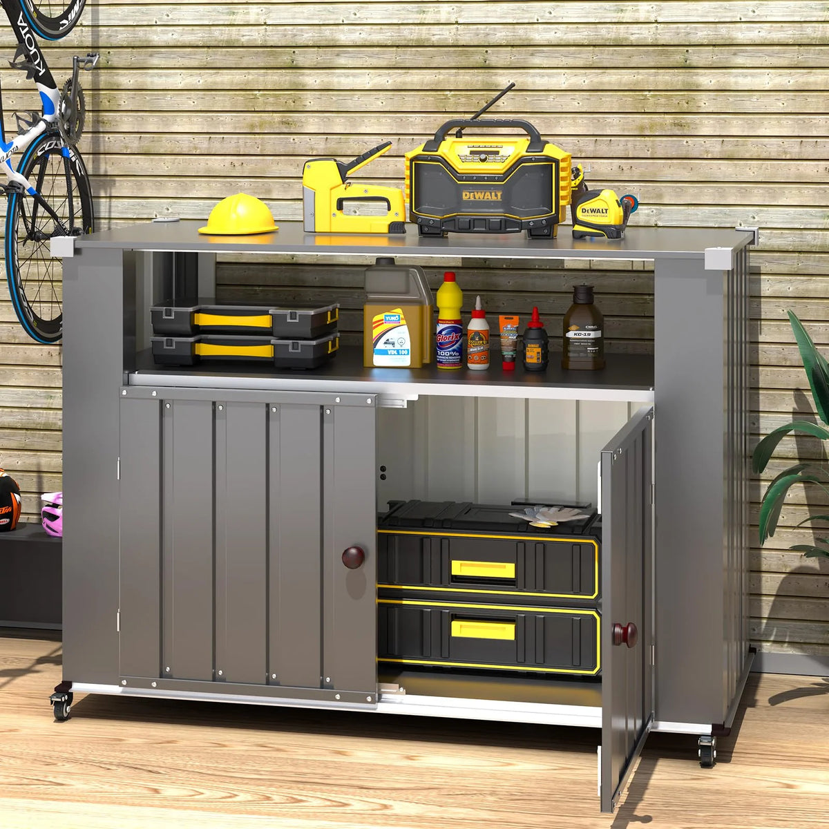 AECOJOY Outdoor Grill Table with Storage Cabinet Weatherproof, Outdoor Kitchen Island, Grill Cabinet Cart with Storage