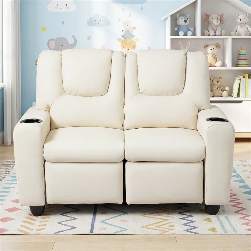 2-Seater Kids Recliner, PU Leather Reclining Loveseat with Cup Holders & 2 Side Storage Pockets, Adjustable Double Toddler Sofa for Boys Girls