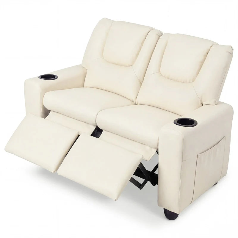 2-Seater Kids Recliner, PU Leather Reclining Loveseat with Cup Holders & 2 Side Storage Pockets, Adjustable Double Toddler Sofa for Boys Girls