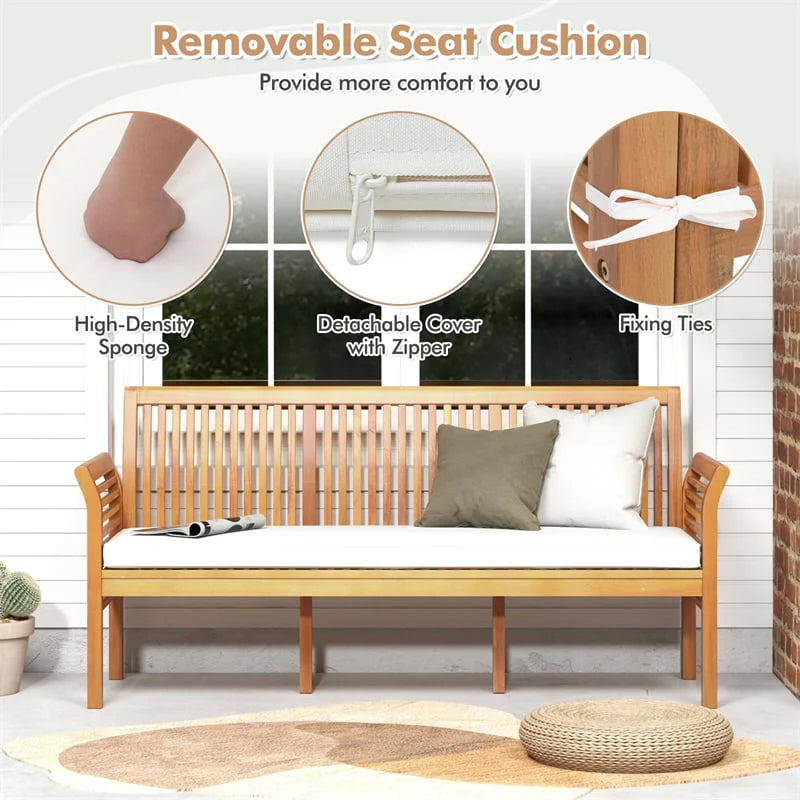 62.5" Outdoor Acacia Wood Bench with Removable Cushion, 3-Person Patio Garden Bench with High Backrest & Armrests, 1200 LBS Capacity for Yard Porch
