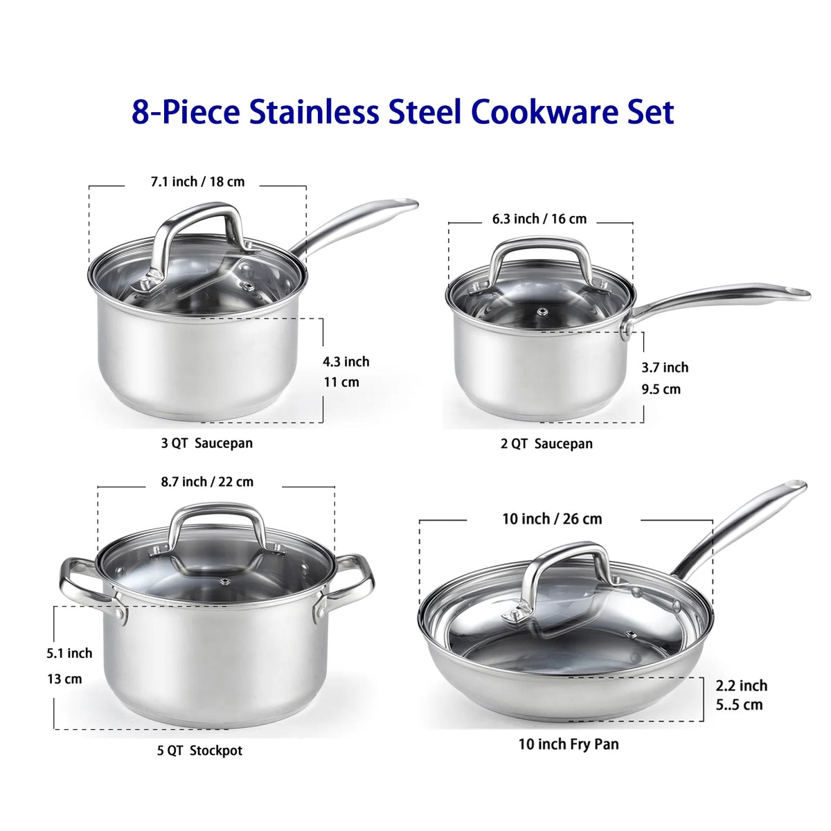 Cook N Home Pots and Pans Stainless Steel, 8-Piece Induction Pot Kitchen Cookware Set, Silver, Oven Safe