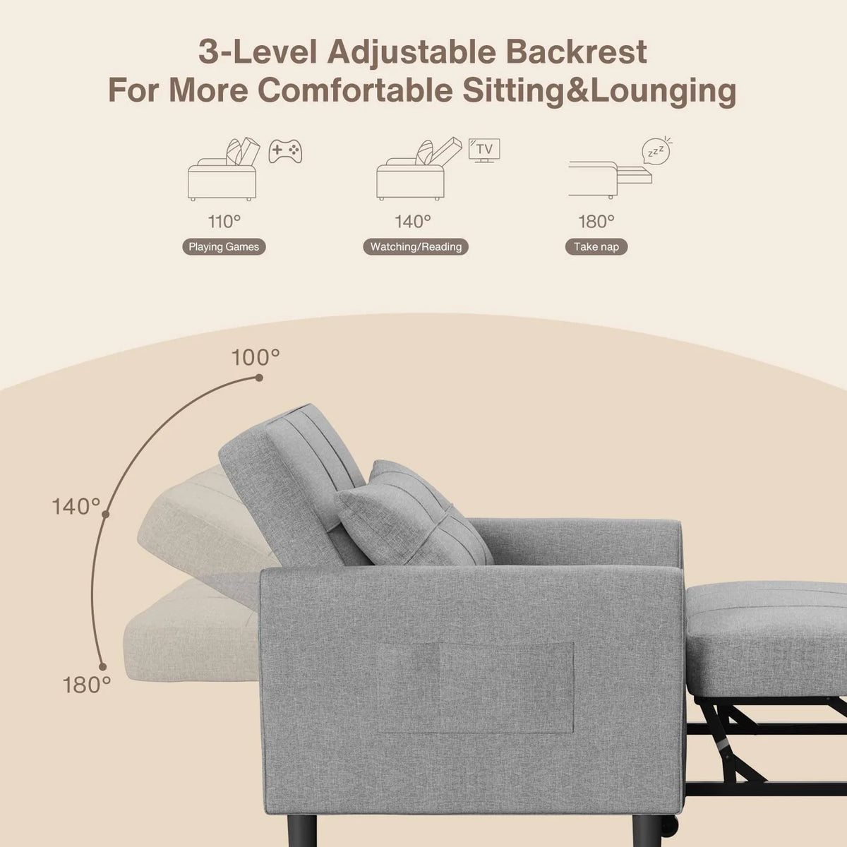 Lofka Chair Bed, Convertible Sofa Bed Couch Recliner Single Bed for Living Room/Office/Bedroom, Light Gray