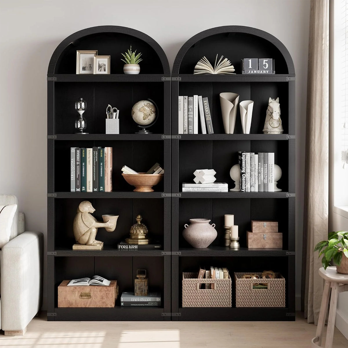 Bookcase 5 Shelf Arched Bookshelf 71.65in Tall Bookcase Farmhouse Display Storage Rack Wooden Bookshelves for Home Office, Living Room(White)