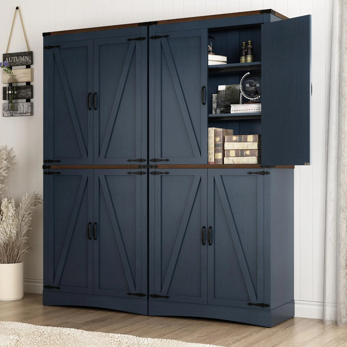 71" Tall Farmhouse Kitchen Pantry Cabinet, 5 Layers Storage Cabinet with Adjustable Shelves, Farmhouse Pantry Cabinet with 4 Barn Doors