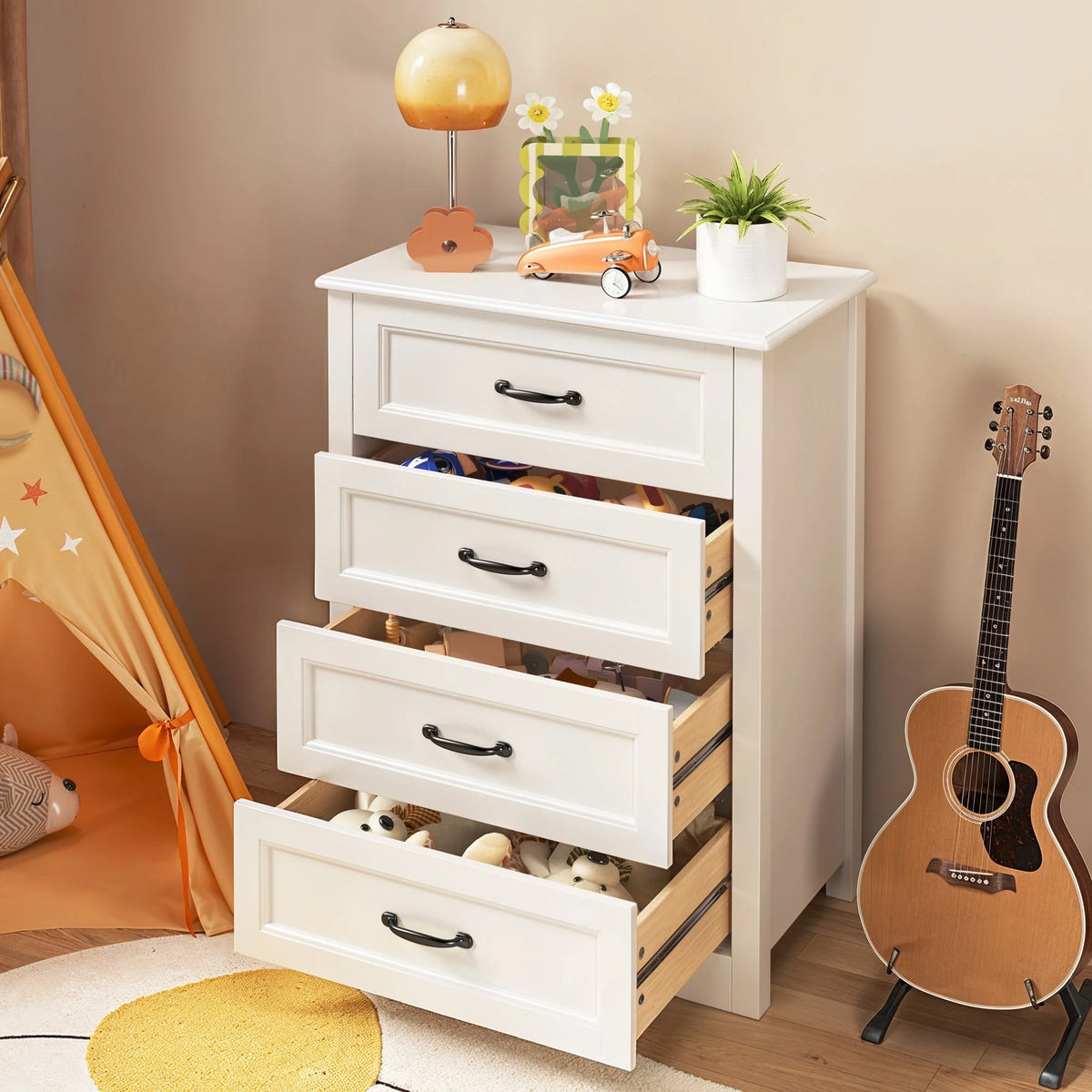 Bedroom Furniture Set Includes Queen Bed Frame, 4 Drawer Dresser Set of 2 & 3 Seat Futon Sofa Modern Storage Solution for Stylish Home Decor