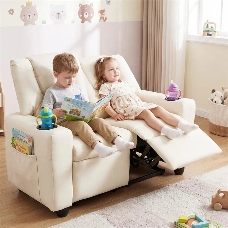2-Seater Kids Recliner, PU Leather Reclining Loveseat with Cup Holders & 2 Side Storage Pockets, Adjustable Double Toddler Sofa for Boys Girls