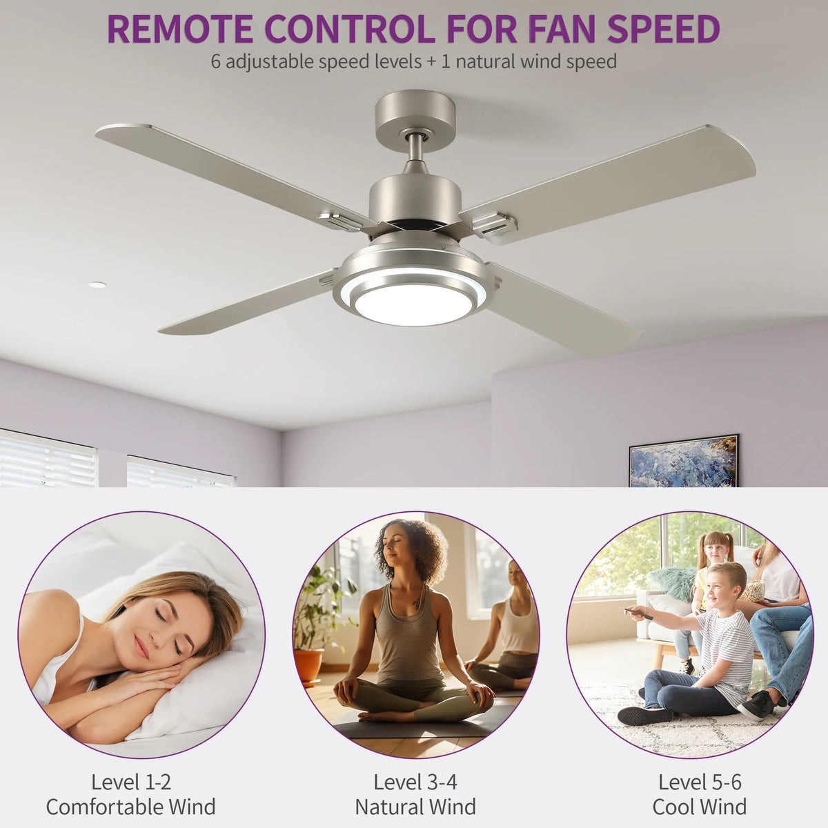 Dextrus 52'' Ceiling Fan with Light and Remote Control, 6 Speeds, 5 Timer Settings, and Dual - Finish Blades (Nickel)