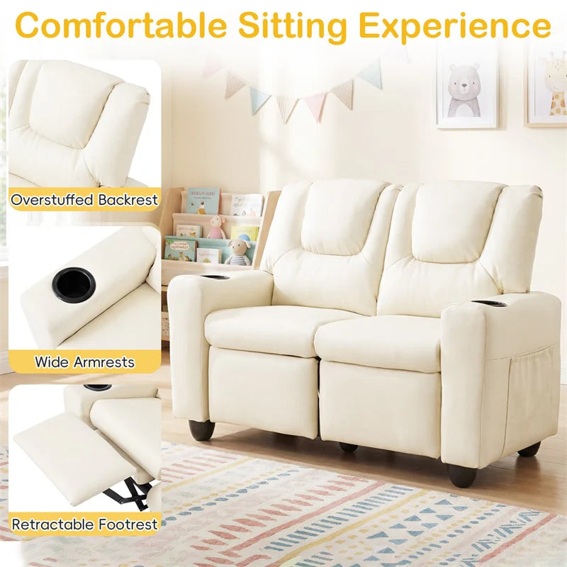 2-Seater Kids Recliner, PU Leather Reclining Loveseat with Cup Holders & 2 Side Storage Pockets, Adjustable Double Toddler Sofa for Boys Girls