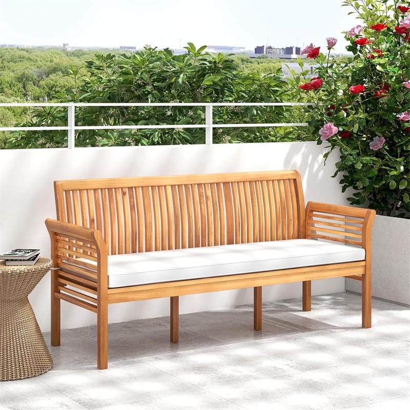 62.5" Outdoor Acacia Wood Bench with Removable Cushion, 3-Person Patio Garden Bench with High Backrest & Armrests, 1200 LBS Capacity for Yard Porch