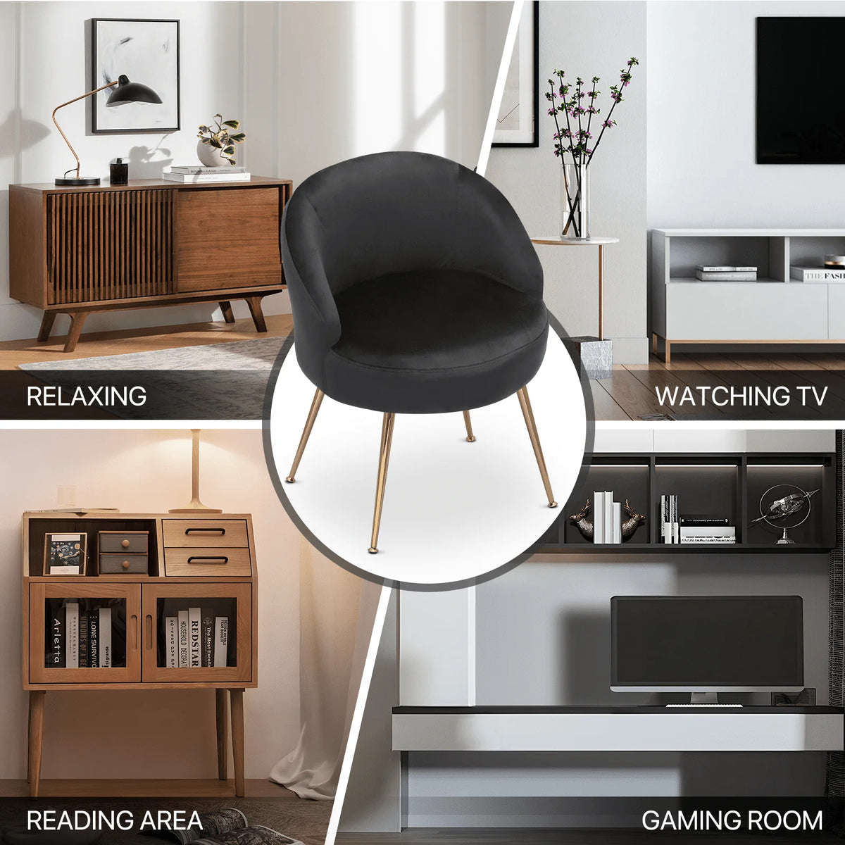 Monibloom Velvet Accent Chair, Modern Upholstered Single Sofa Side Chair, Comfy Barrel Club Living Room Armchair with Golden Metal Legs