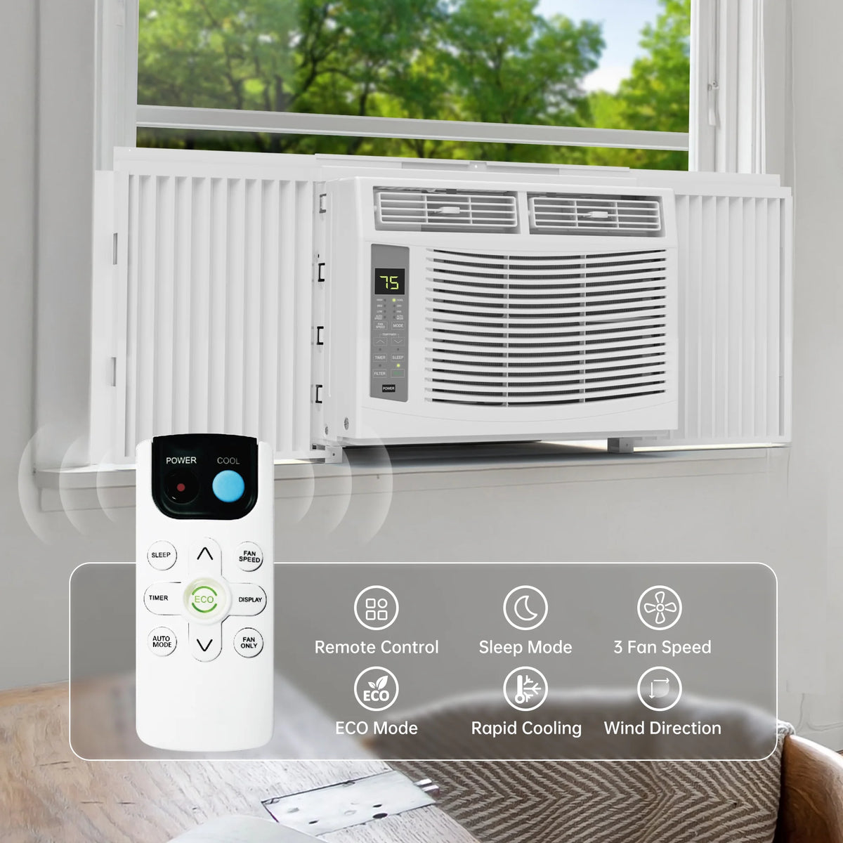 Window Air Conditioner 6000 BTU Cool to 250 Sq Ft Intelligent, LED, Remote Control, Easy to Clean Filter Screen, Can Be Used As a Dehumidifier/Fan