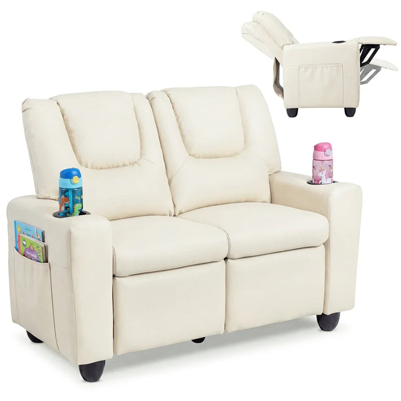 2-Seater Kids Recliner, PU Leather Reclining Loveseat with Cup Holders & 2 Side Storage Pockets, Adjustable Double Toddler Sofa for Boys Girls
